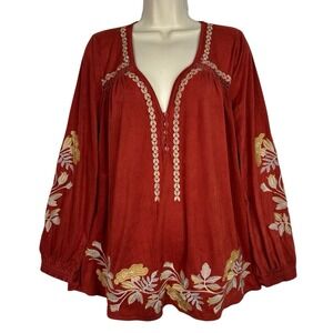 Monoreno Boho Embroidered Peasant Top Sz L Red Floral Pullover Tunic Cottagecore